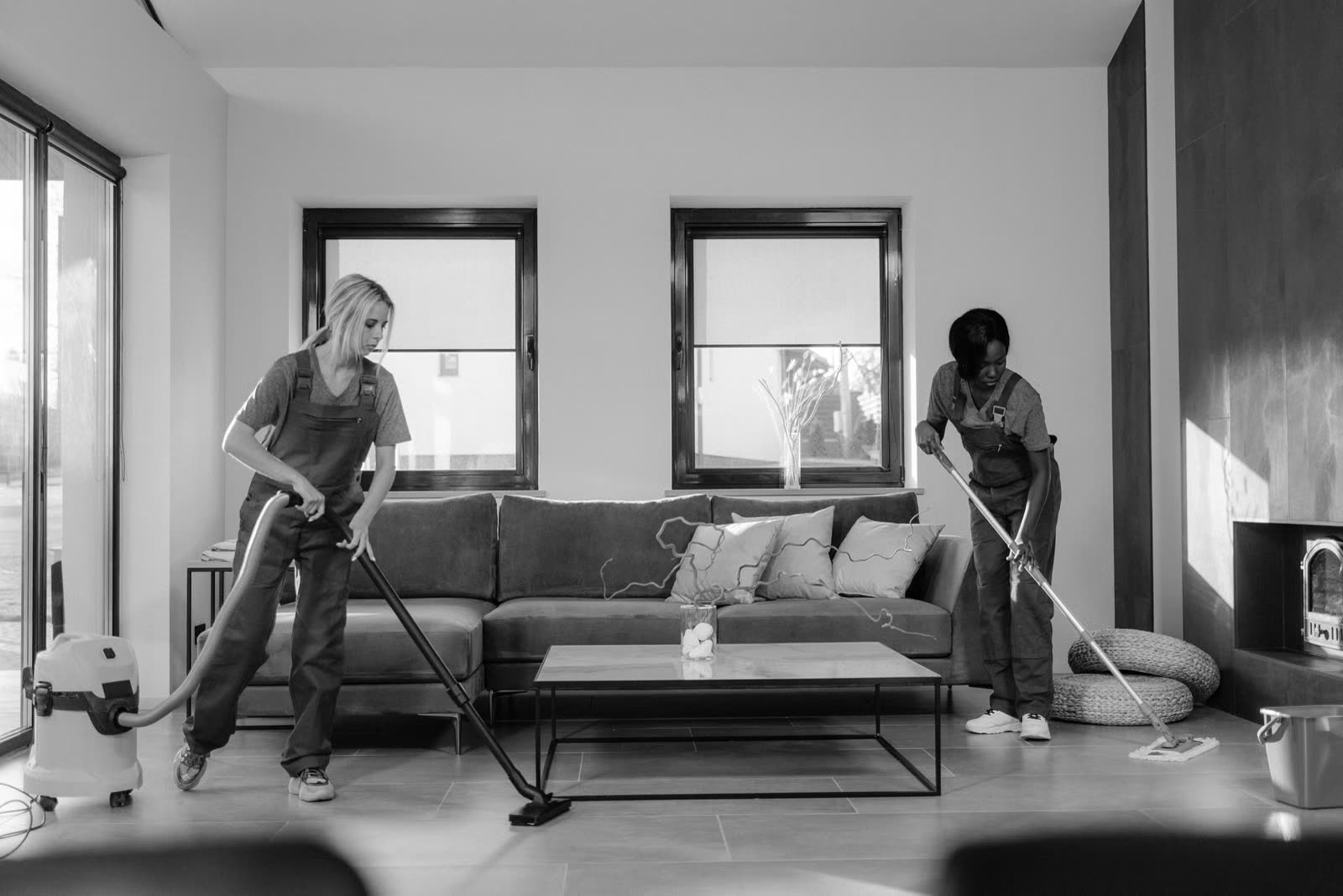 Cleaning a living room with vacuum and mop